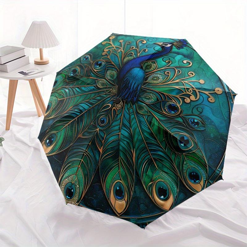 Peacock Feather Art Round Wall DecorUmbrella, Portable 3-Fold Compact Umbrella,Christmas Gift ES550