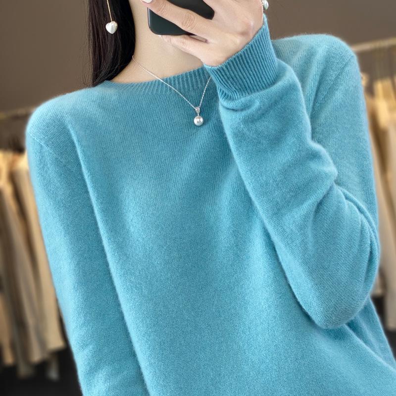 Women's Pure Wool Loose Knit Cashmere Sweater - Round Neck, Long Sleeve, Soft Base Layer for Autumn/Winter