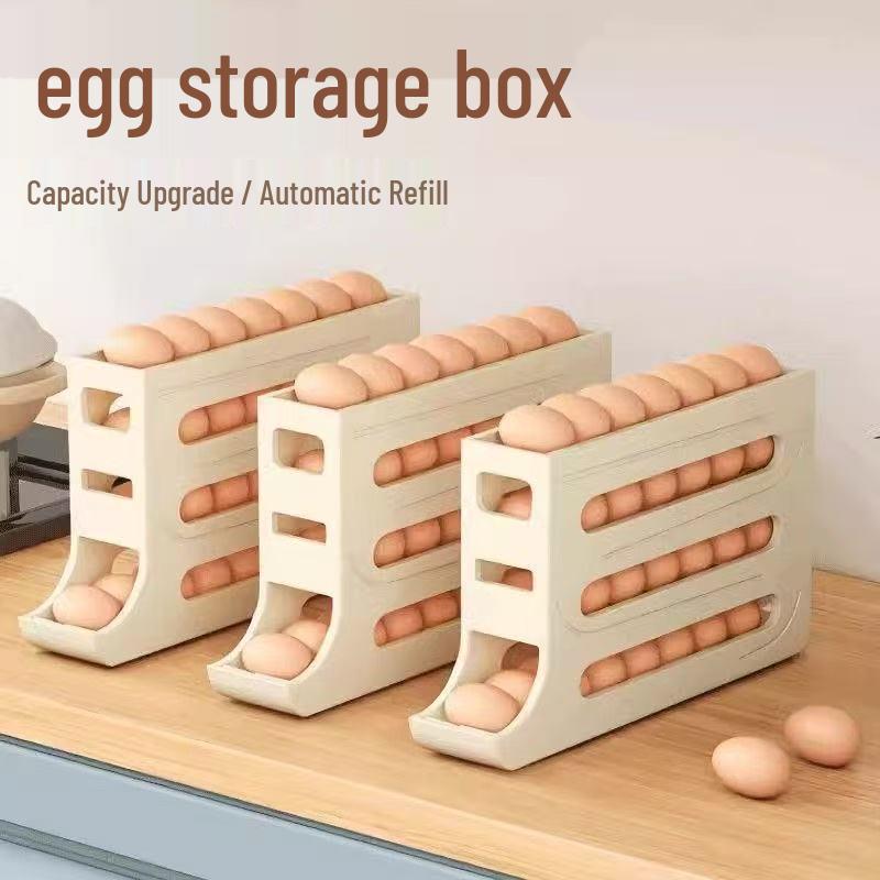 Slide Egg Storage Box: 4-Tier Step-Style Holder for Fridge Door, Large Capacity Automatic Roller