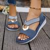 Women's Wedge Peep-Toe Sandals With Metal Buckle And Rope-Sole Detail, European Style, Available In Large Sizes.