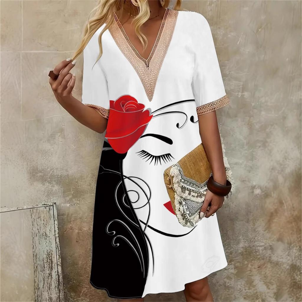 Damen Frühling/Sommer Printkleid Spitze V-Ausschnitt Loose Swing Kurzarm Mittellanges Kleid
