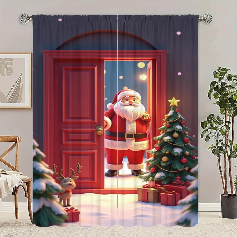 Modern Set Of 2 Christmas Santa Claus Tree Pattern Printed Curtains Decorations Home Room Curtain Polyester