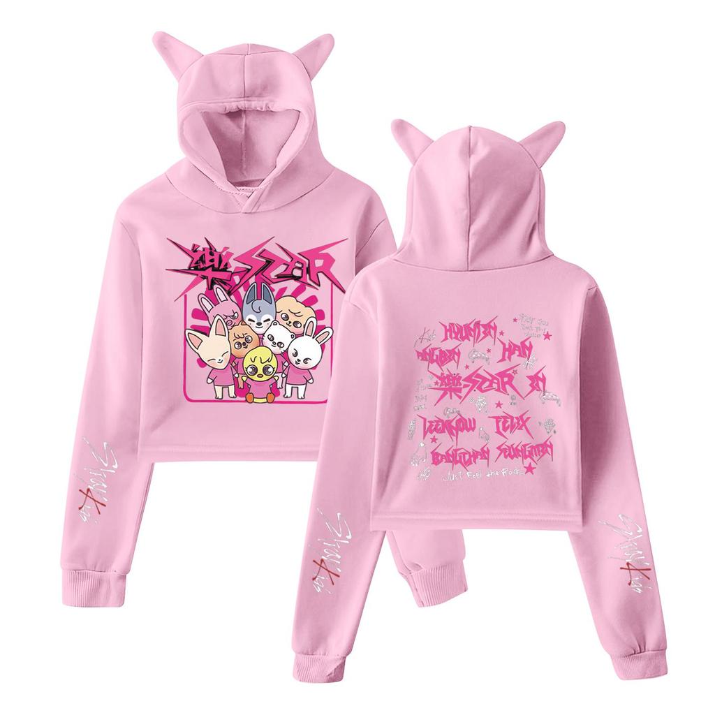 Stilvolles Damen-Kapuzenpullover-Sweatshirt mit Stray Kids-Aufdruck, trendiges langärmeliges Oberteil.