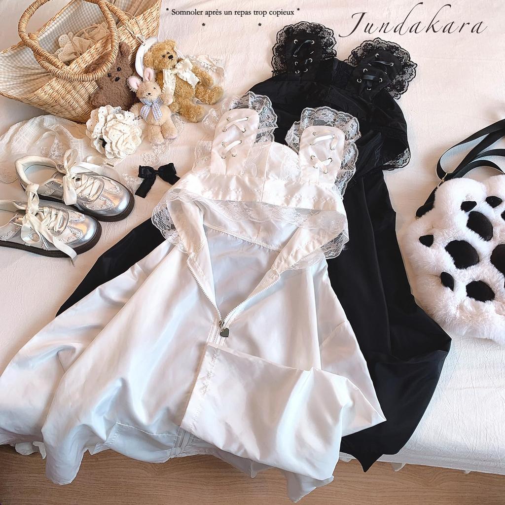 Jundakara Hoodie with Bunny Cute Long Lace and Subculture Sickly Korean White Women's Lace-Up Ears, Sleeves, Lightweight, Summer, Ruffles, Style,