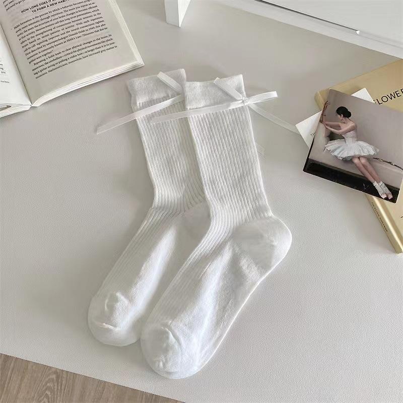 Boneless Heel Bow Solid Color Sweet Mid-calf Socks, Versatile, Pile Socks for Girls