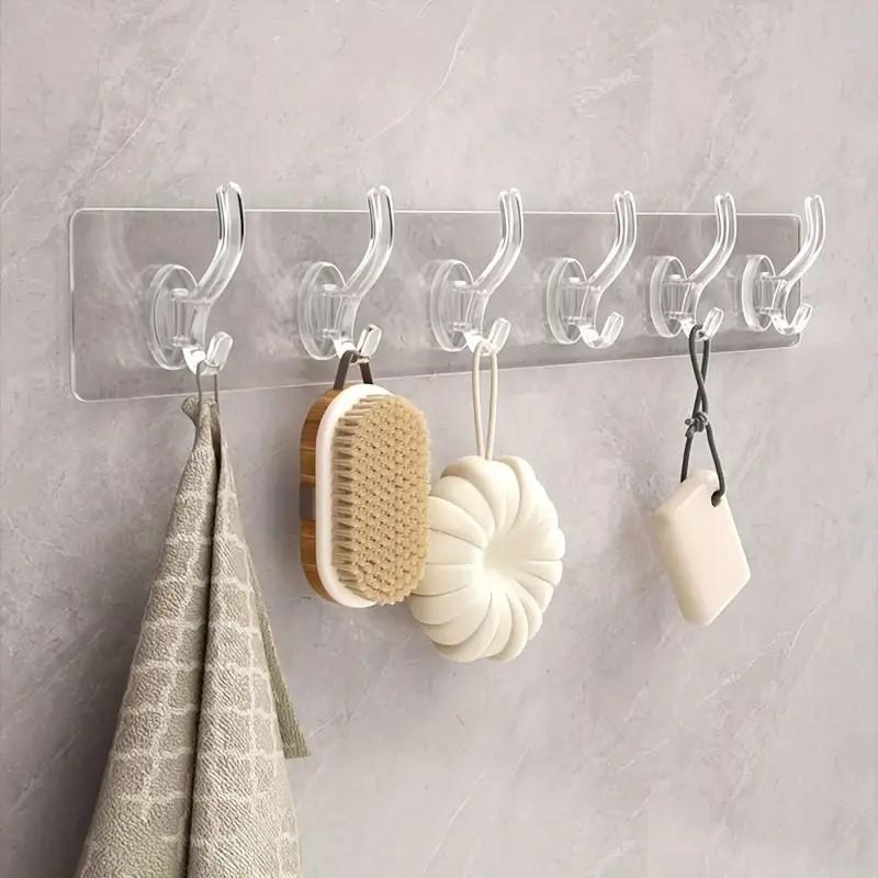 6 Row Multipurpose Hooks Nail-free Transparent Holder Strong Self Adhesive Wall Hook Kitchen Bathroom Traceless Hanger Stickers