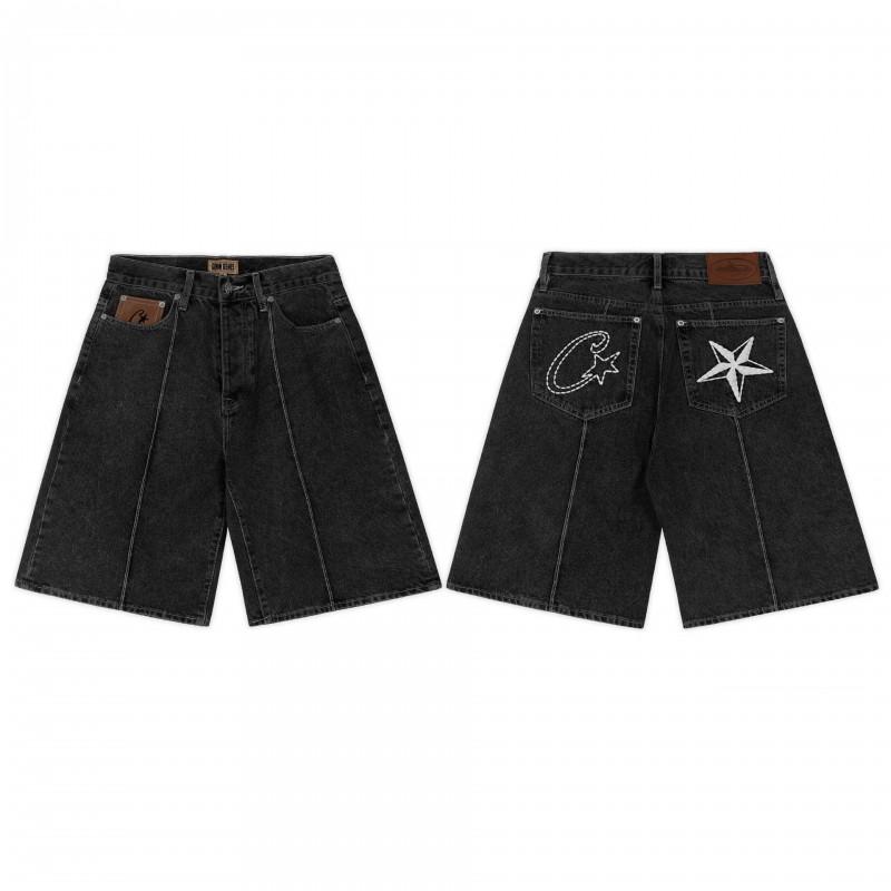 Pantaloncini neri in denim da uomo di media lunghezza con ricamo di stelle Stile streetwear vintage effetto usurato Vestibilità slim Pantaloni a cinque punte