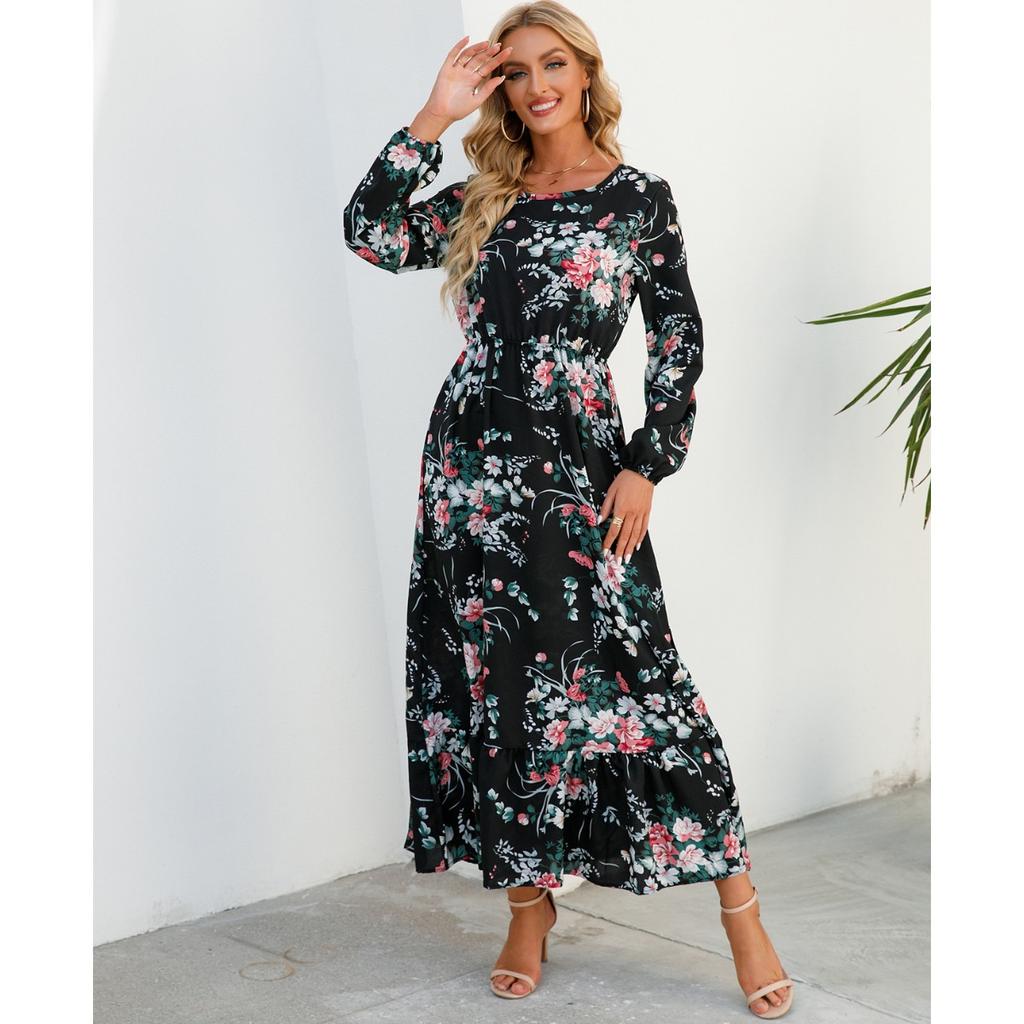 Women's Fashion Summer Spring Floral Print Long Sleeve O-Neck High Waist Casual Dresses
