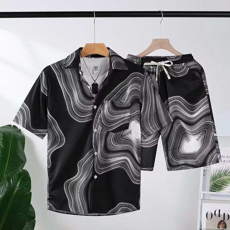 Classic Comfortable Tie-dye Watercolor Ink Color 3D Print Shirt +Shorts Two Piece Set Short Sleeve Flip Collar Shirts Half Pants