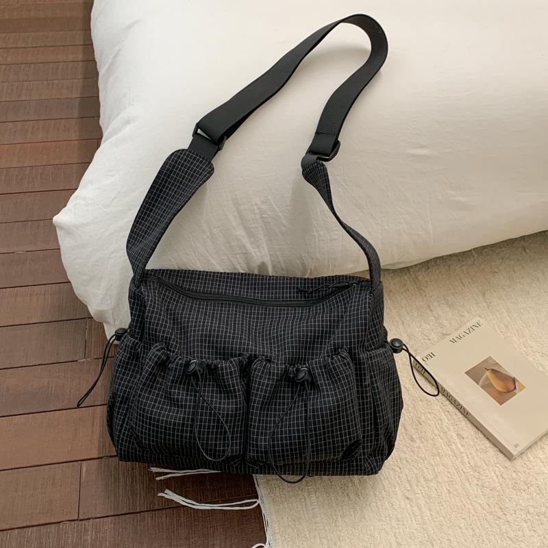 Stylish Plaid Shoulder Bag Korean Minimalist Tote Bag Casual Pleated Adjustable Crossbody Bag Zipper Handbag Fashi Canvas Bag чёрный