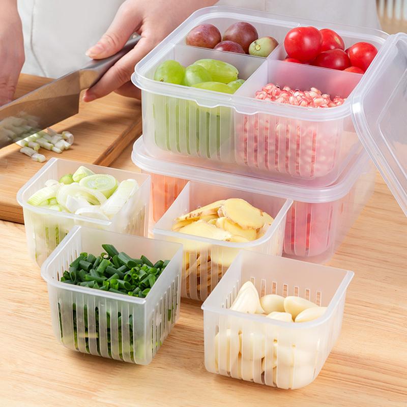 4 Grids Refrigerator Storage Box Food Vegetable Fruit Storage Box Fridge Organizer Drain Basket Meat Onion Ginger Clear Crisper