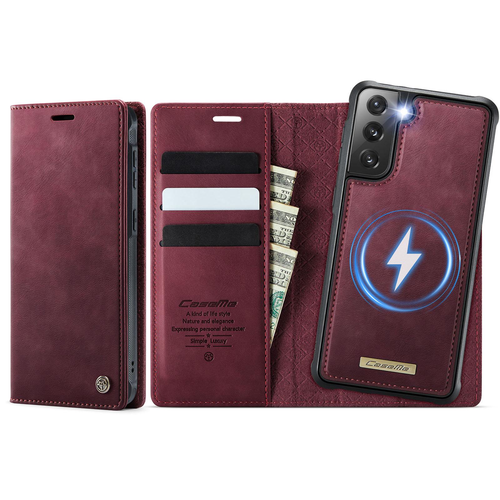 Чехол для Samsung Galaxy S21 FE 5G CASEME C49 Совместимый с MagSafe Блокировка RFID Съемный кошелек Кожаный чехол для телефона Red