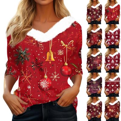 3/4 Sleeve Shirts For Women Christmas Printed Graphic Tees Blouses Casual Plus Size Basic Button Tops Pullover
