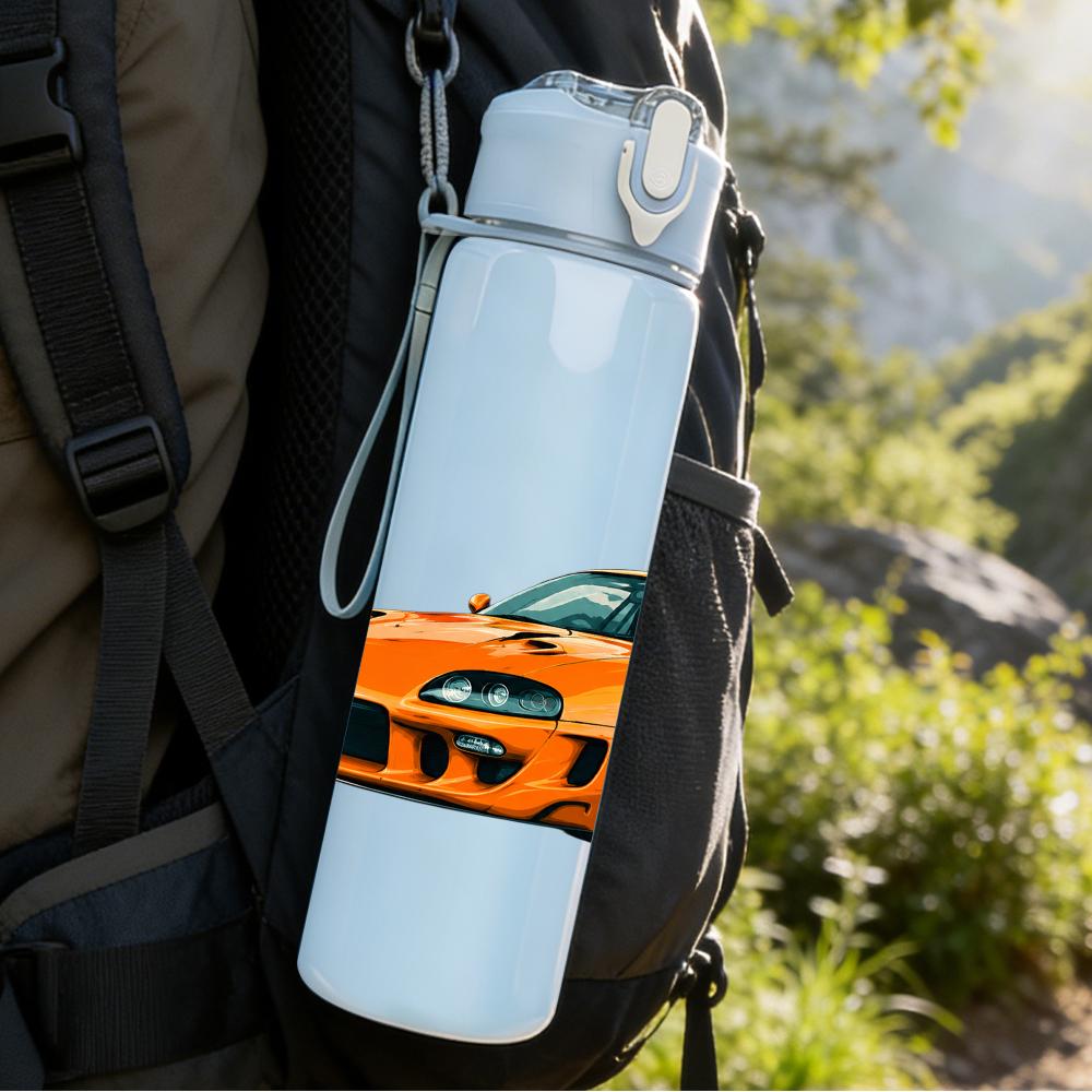 1PC Orange Sport Coupe Car Graphic 750ml Color Plastic Water Bottle Leakproof Flip Straw Lid For Sports Office Home Use