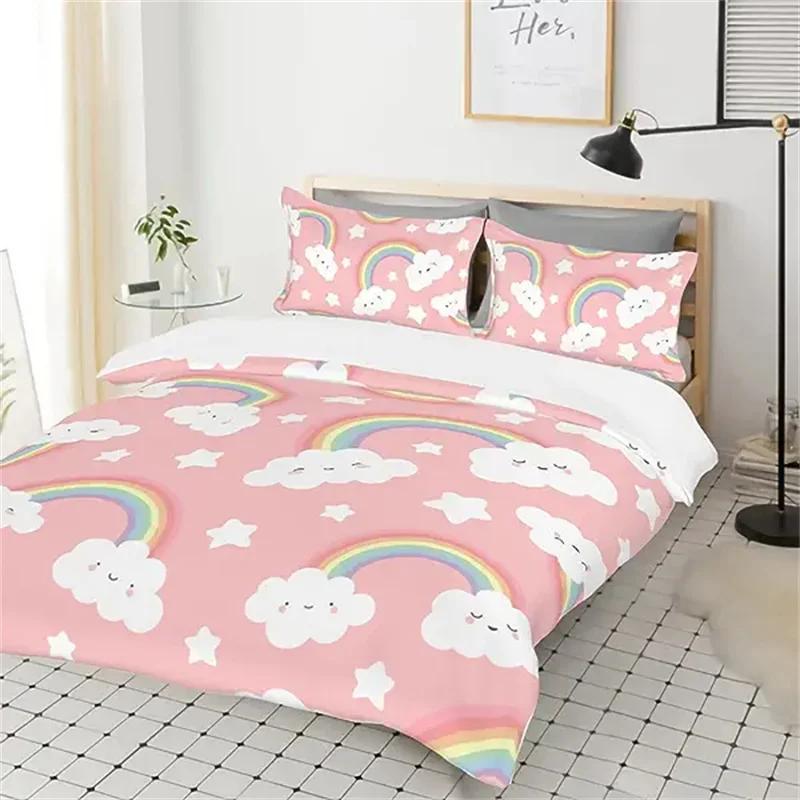 Rainbow Twin Duvet Cover Set For Girl Pink And Yellow Rainbow Star Duvet Cover Cartoon Rainbow For Bedroom Decoration Women Kid