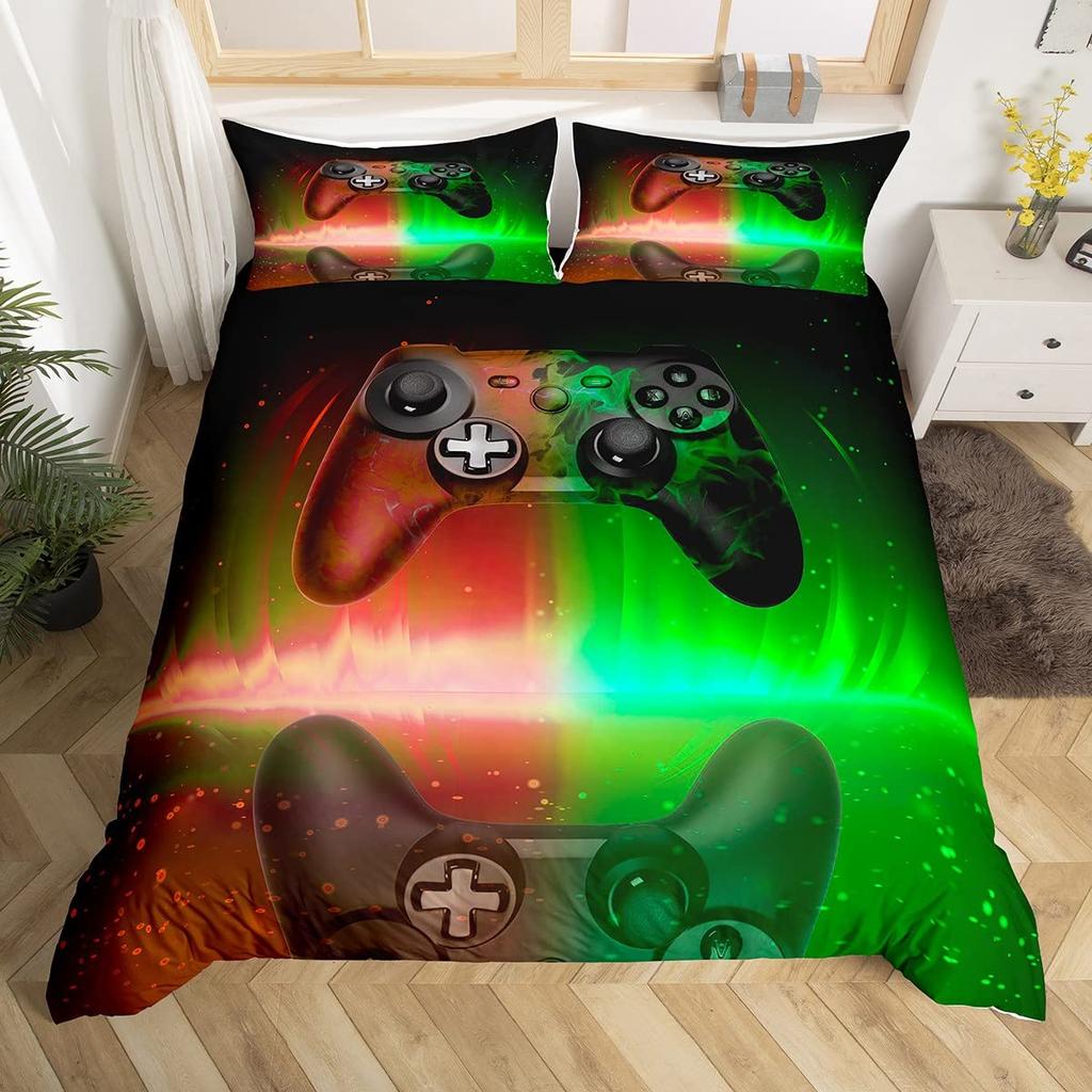 Gamepad Duvet Cover Set Queen Video Game Twin Bedding Set Microfiber Green Cartoon Gamer Pattern Electronic Theme Quilt Cover