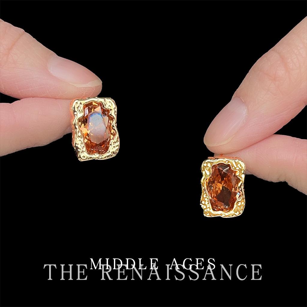 Medieval style liquid geometric sugar cube brown zircon stud earrings light luxury heavy industry old money style temperament earrings