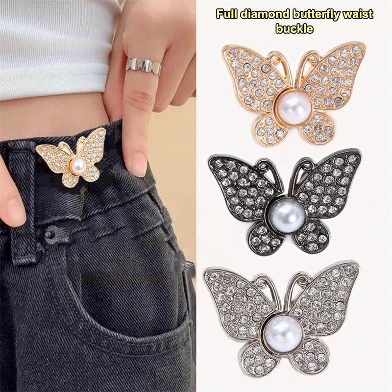 2Pcs  Shiny Diamond Butterfly Shape Adjustable Waist Buckle Jean Buttons Reusable Waist Cincher Clip For Clothing Dresses