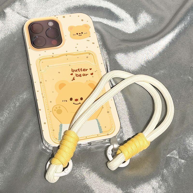 Cute Bear Lanyard Soft Shell Suitable for IPhone16pro Mobile Phone Case Apple 15 Protective Case 14 Card Bag Anti Fall