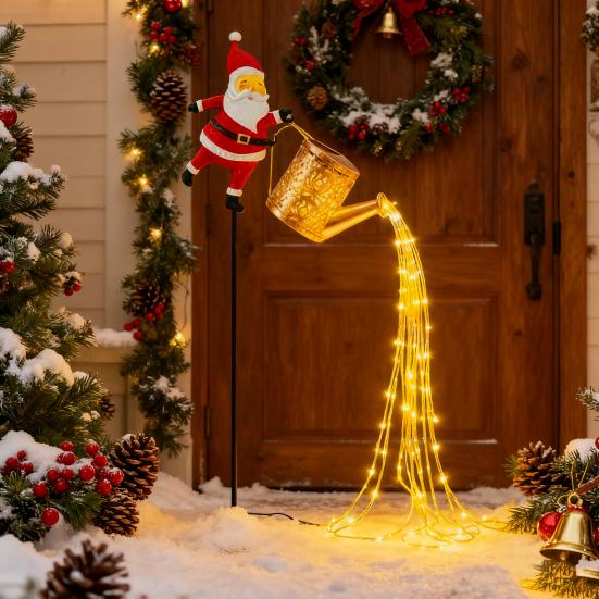 Solar Christmas Decorations Santa Claus Kettle Light Outdoor Festive Lantern Waterproof Metal Garden Light for Yard Patio Lawn Pathway