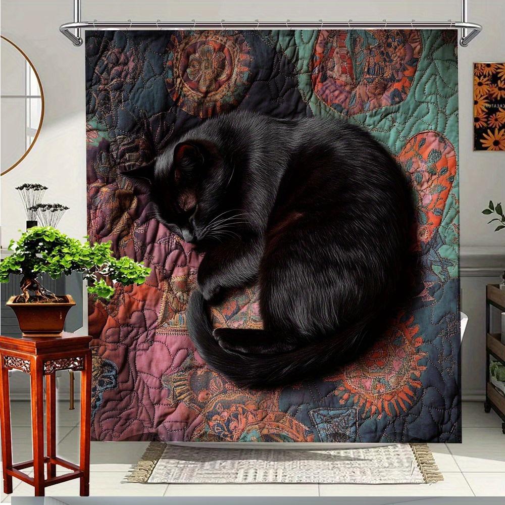 

1Pc Cute Black Cat & Vibrant Floral Shower Curtain - Polyester, Washable, 70. 8X70. 8 Inches With 12 Hooks, Ideal For Bathroom W60H190(CM)-1 Pcs