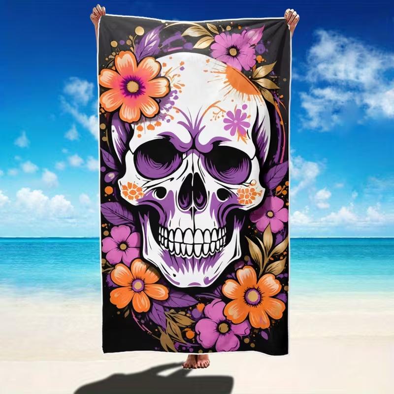 Skull Red Roses Beach Towel Gothic Illustration Art Print Quick Dry Sandproof Absorbent Towel for Beach Pool Travel Vacation