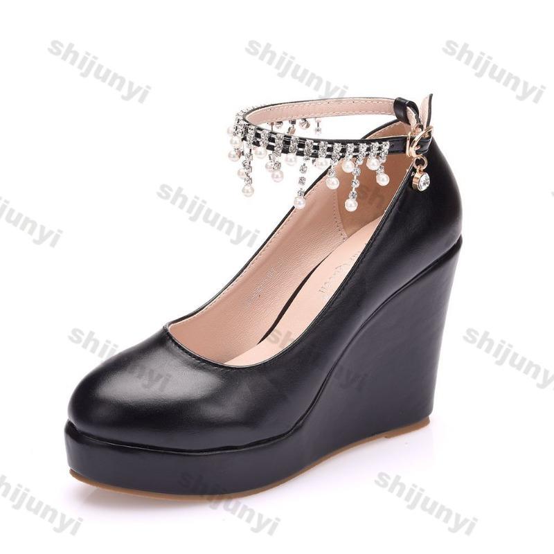 Fashion 11cm White Round Head Wedges Platform Shoes Women Tassel Flowing High Heel Shoes Plus Size 42 for Wedding Party Chaussure Femme
