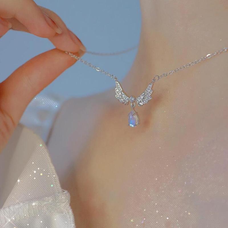 2026 Fashion Design Zircon Angel Wings Pendant Necklace for Women Vintage Simple Silver Color Moonstone Necklace Y2K Jewelry серебряный