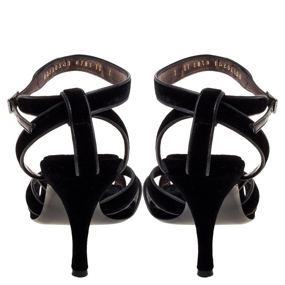 Salvatore Ferragamo Black Velvet Embellished Strappy Sandals