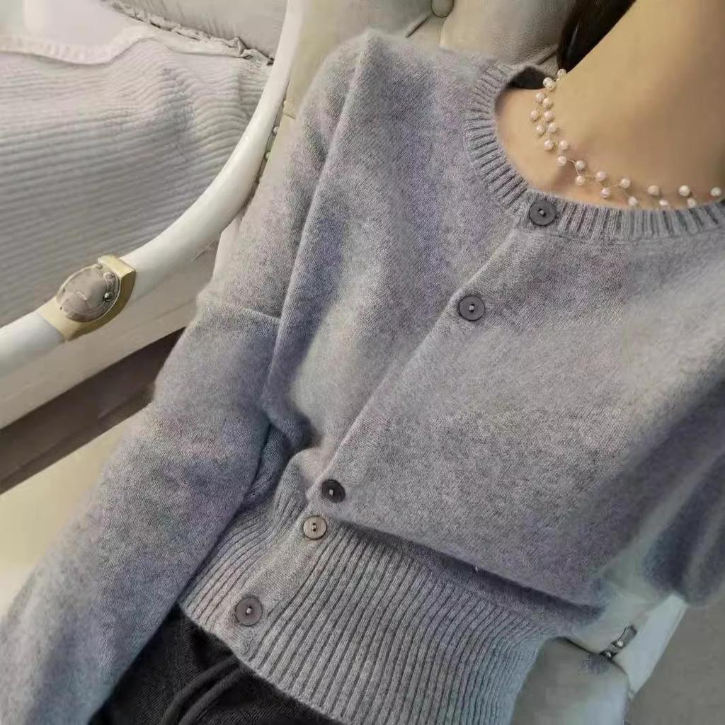 Premium Korean Style 100% Pure Wool Knitted Cardigan - Women's Spring/Autumn Short Base Coat