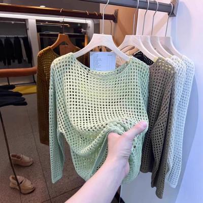 Mesh Vintage Harajuku Long Sleeve Women Sweater Korean Spring Summer Knitwear Soft Thin Tops Chic Solid Femme Sweater
