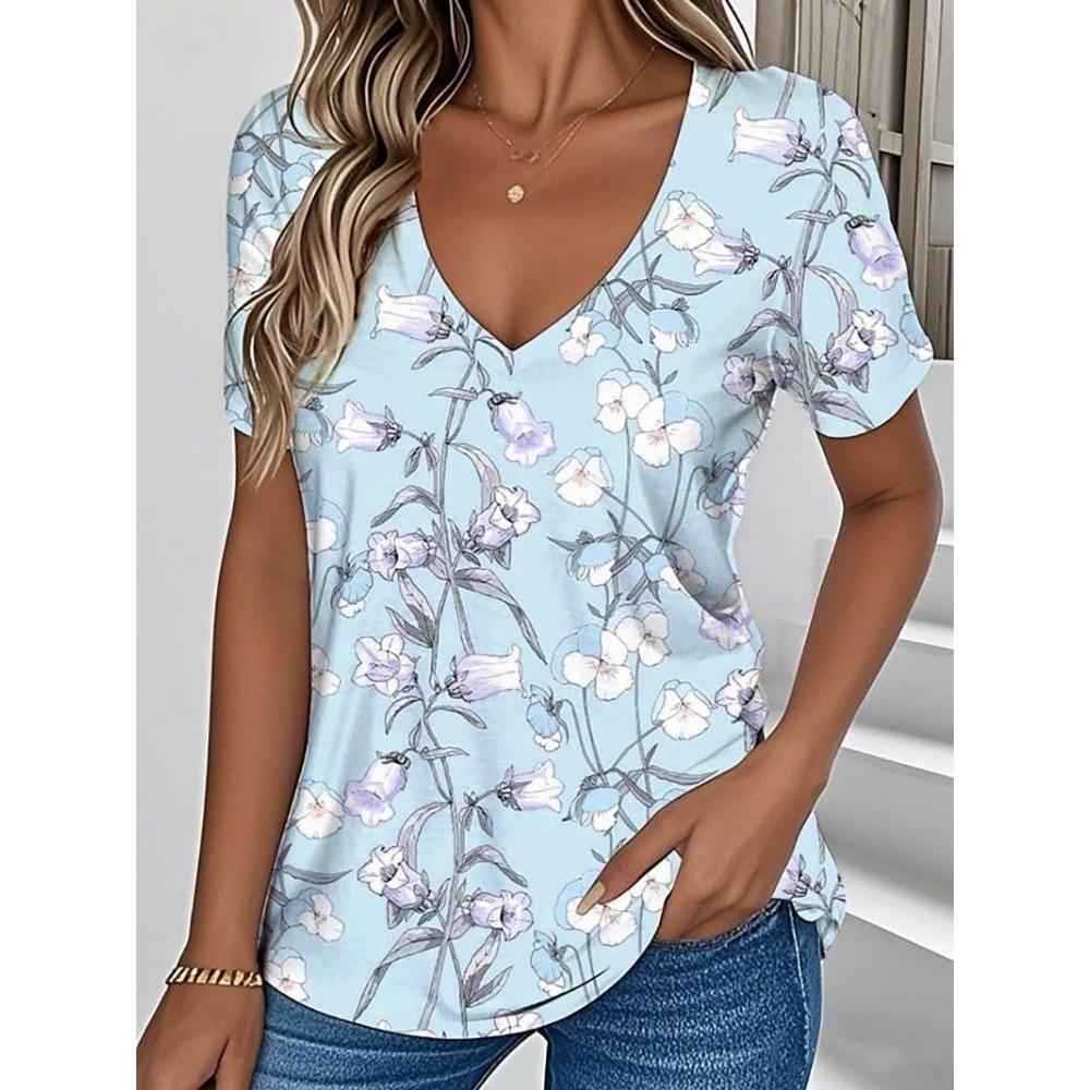Women's Summer T-shirt Plant Flower Print Retro Fashion Casual Short-sleeved Street V-neck Women's Clothing