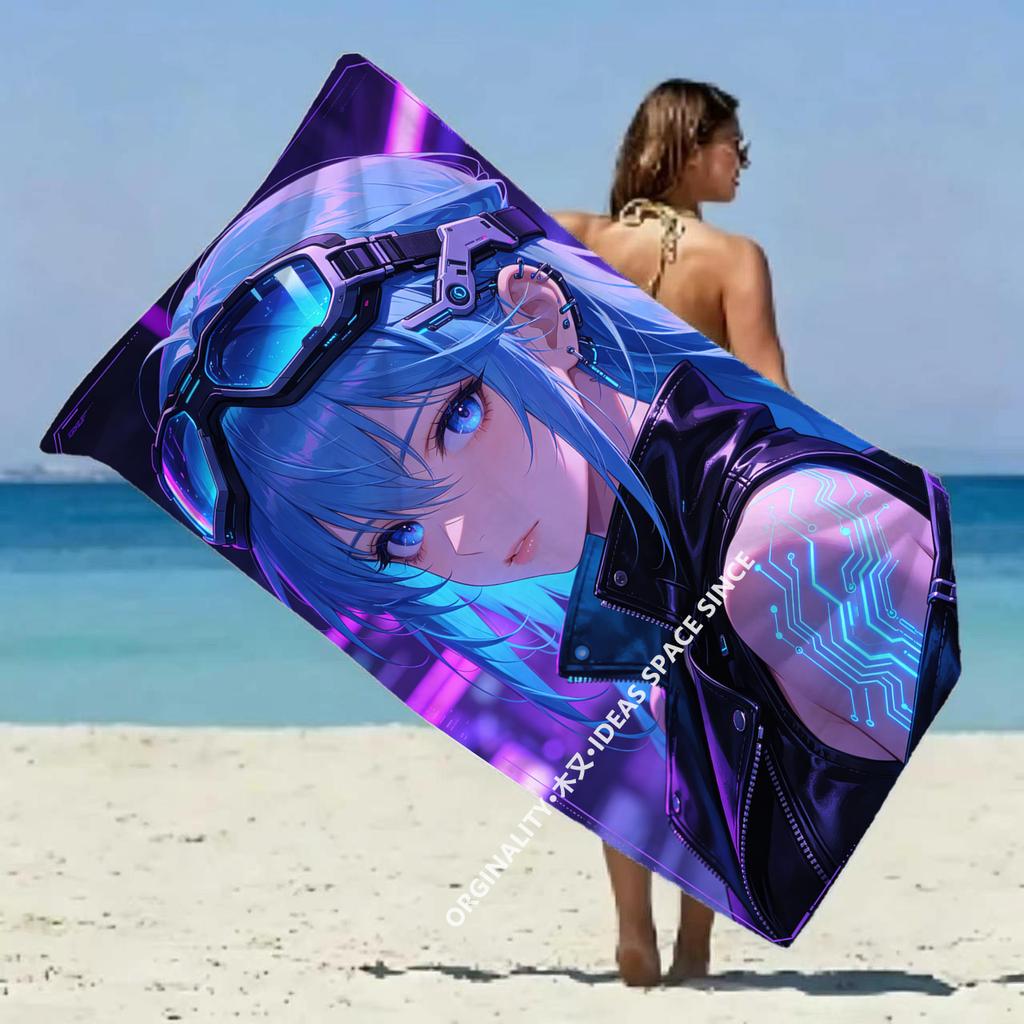 Cyberpunk Girl Printed Beach Towel Patterned Sunscreen And Windproof Suitable For Swimming Pool Camping Travel Blanket