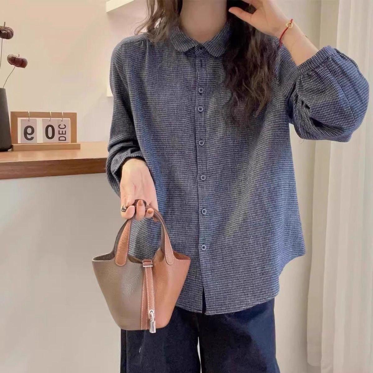 Артистичный ретро-кардиган в клетку с лацканами и рукавами-фонариками S [80-100 jin] синий