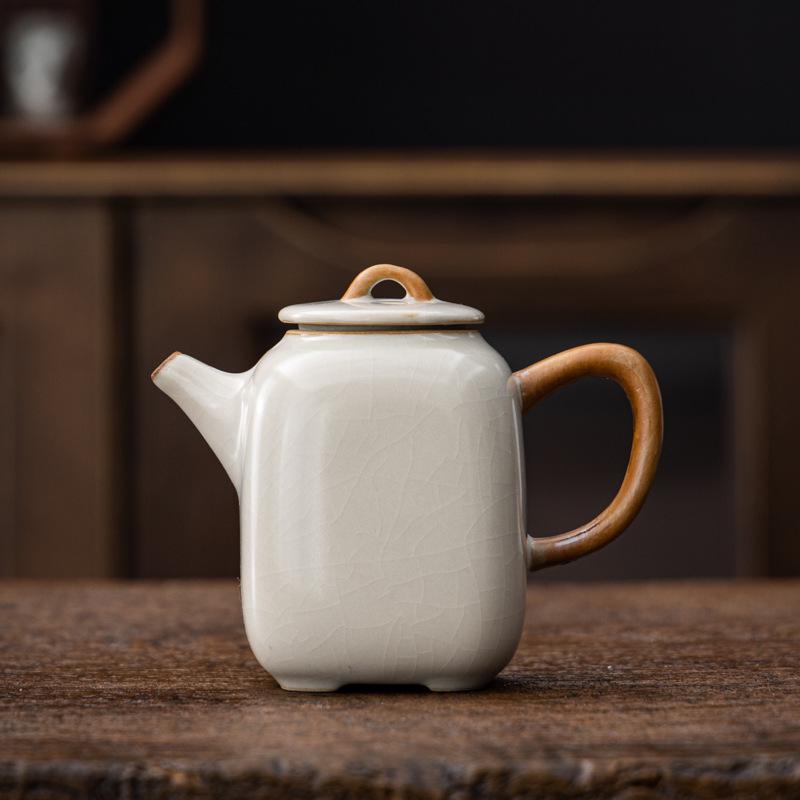 Small Beige Crackle Glaze Ru Ware Xishi Teapot – Ceramic Kung Fu Tea Infuser Set