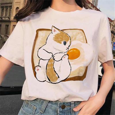 Sommar Dam T-shirt Rolig Kawaii Tecknad Katter Tryck Harajuku High Street Vardaglig Mångsidig Rund Hals Kort Ärm Toppar