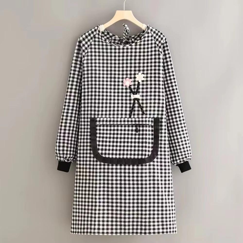Plaid Design Long-sleeved Apron Waterproof Catering Work Clothes Dust-proof Smock Apron Household