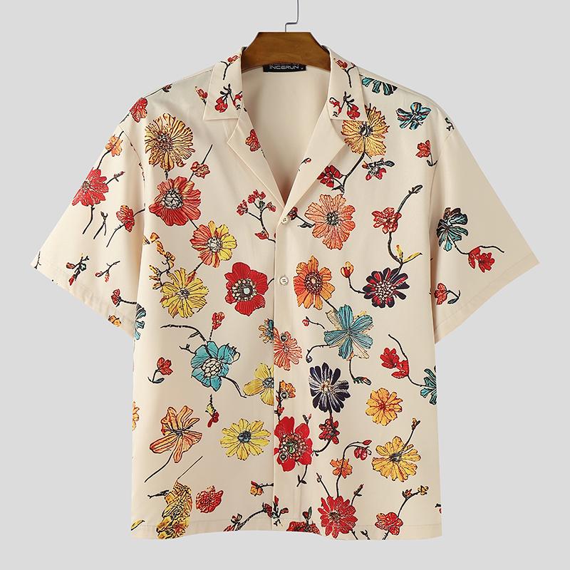 

INCERUN S-XXXXXL Summer Men Short Sleeve Floral Print Casual Hawaiian Shirts 4XL абрикосовый