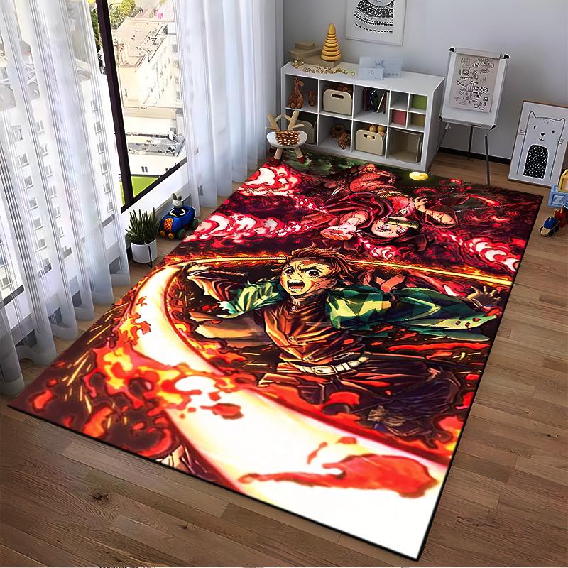 Vibrant anime-style carpet with a fiery battle scene Suitable for use as an anti-slip game mat for living room and bedroom sofas