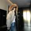 Women's Dark Blue Short Puffer Jacket with Big Fur Collar