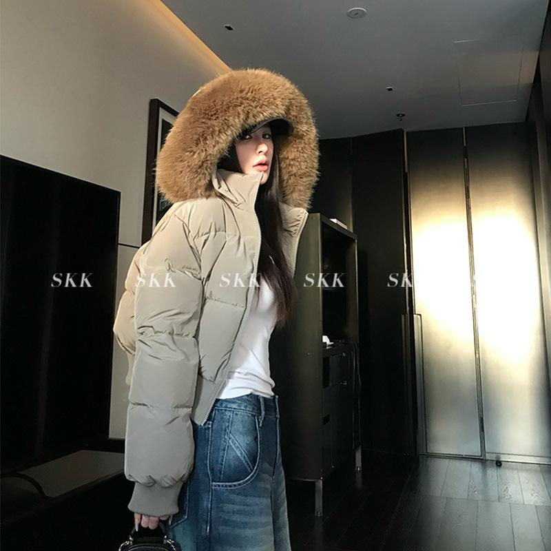 Women's Dark Blue Short Puffer Jacket with Big Fur Collar