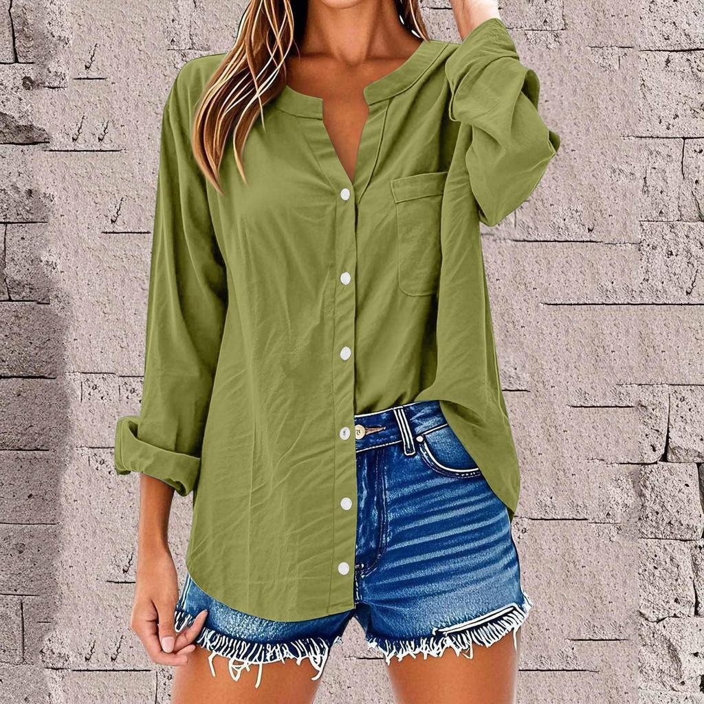 Women's Fashion Casual Solid Color T-Shirt Cotton Linen Long Sleeve Cardigan Loose Top