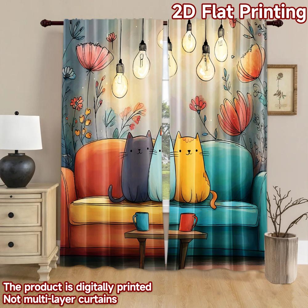 2D flat printing 2pcs Curtain Cute Cats Sofa Floral Digital Printed Polyester Drapes Seasonal Party & Holiday Decor Perfect for