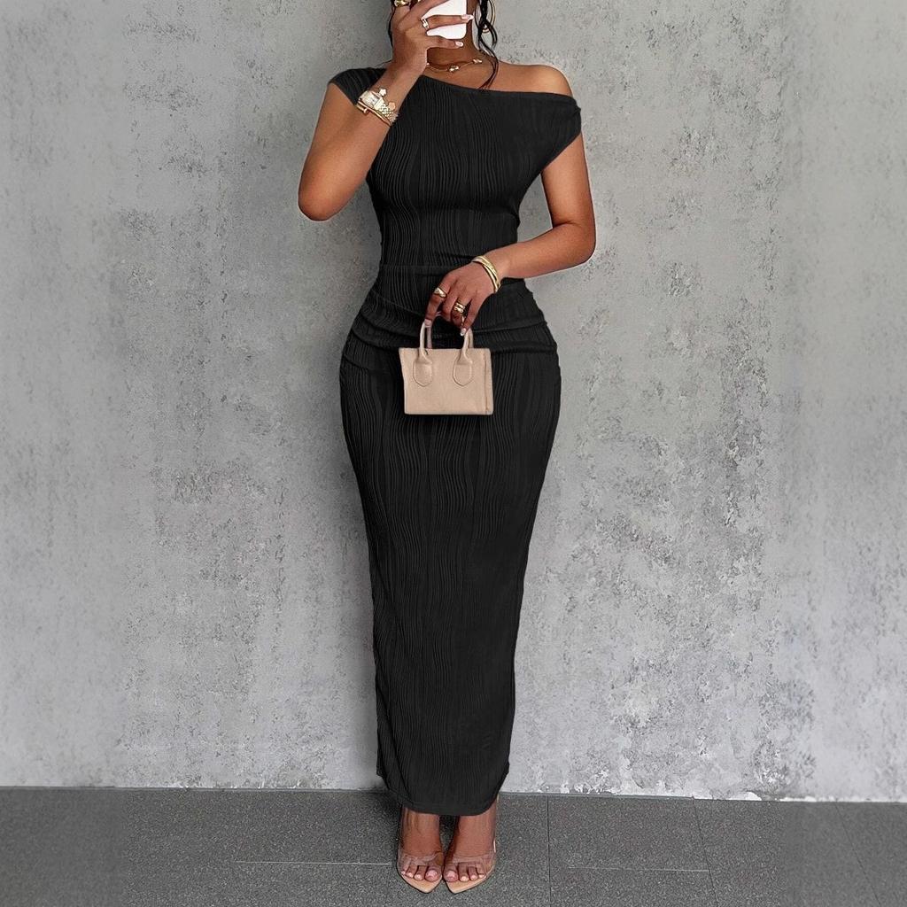 Women's Asymmetric Off Shoulder Short Sleeve Textured Ruched Side Bodycon Maxi Solid Casual Dress