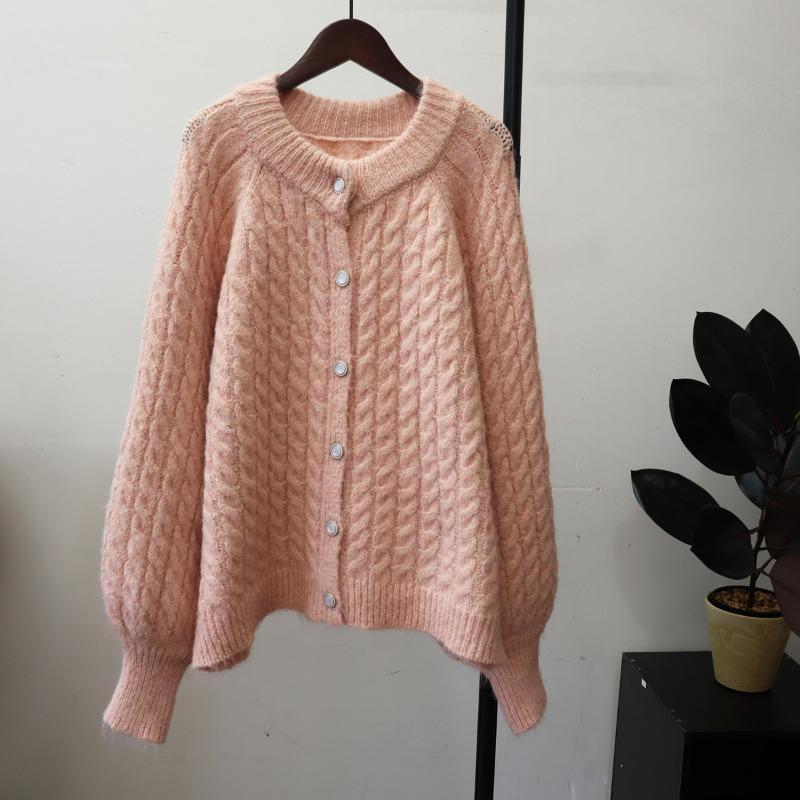 Loose and gentle wind soft waxy sweater jacket autumn and winter new twist crew neck lazy wind knitted cardigan