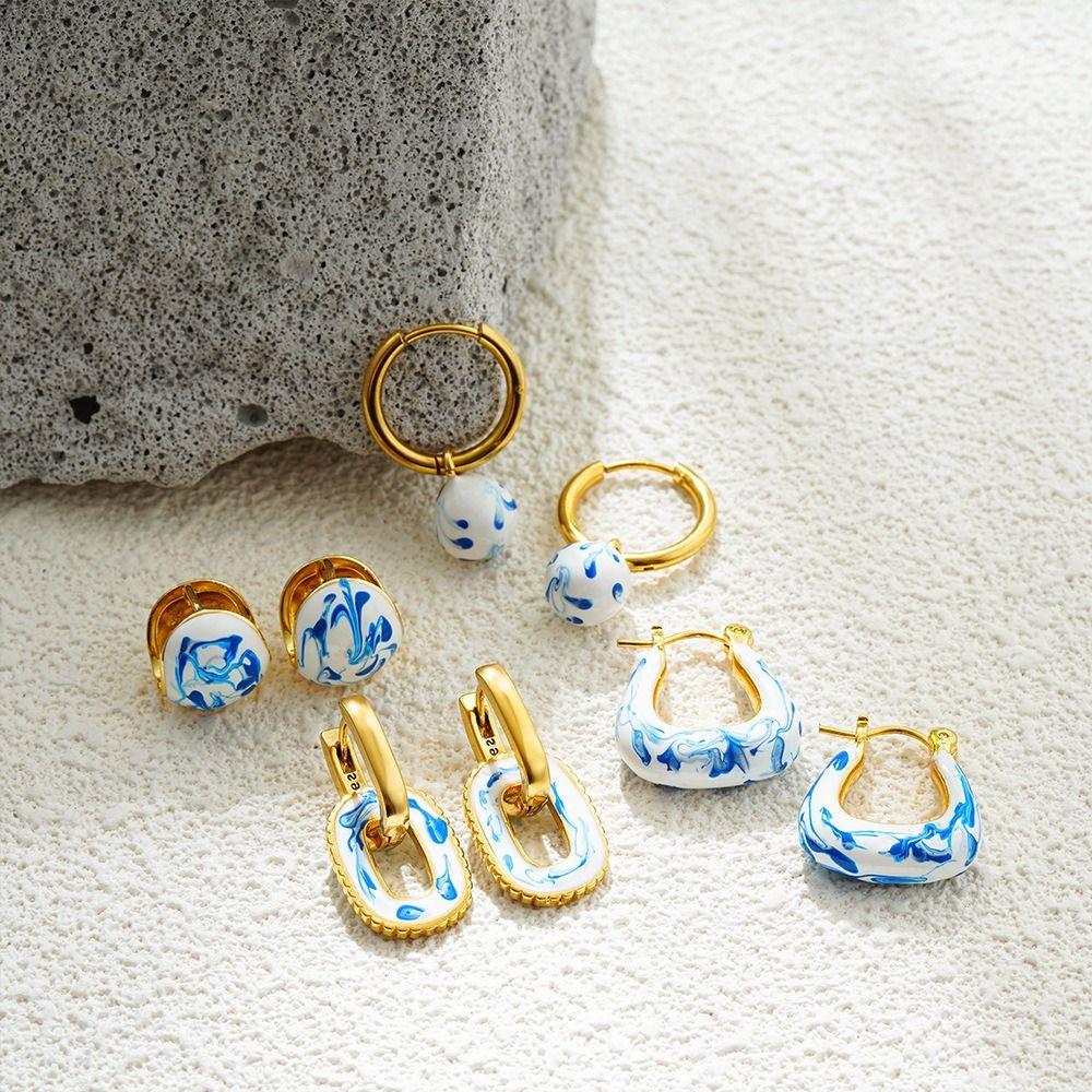 Zinc Zinc Alloy Ceramic Ear Buckle Jewelry Accessories Hoop Earrings Blue and White Porcelain Earrings  Women