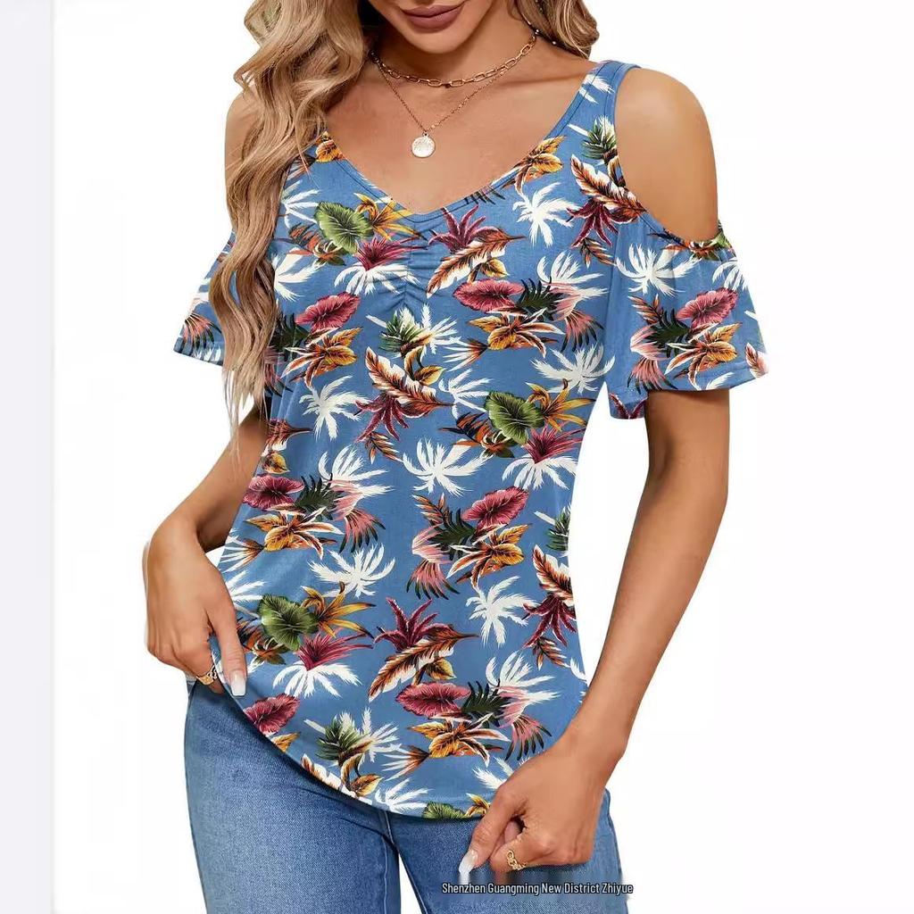 2025 Summer Off-the-Shoulder V-Neck Print Top for Women