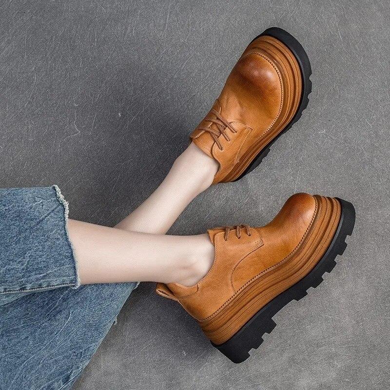 Johnature Zapatos de plataforma plana con suela gruesa y elevación retro, zapatos de mujer de moda versátiles con cordones y punta redonda