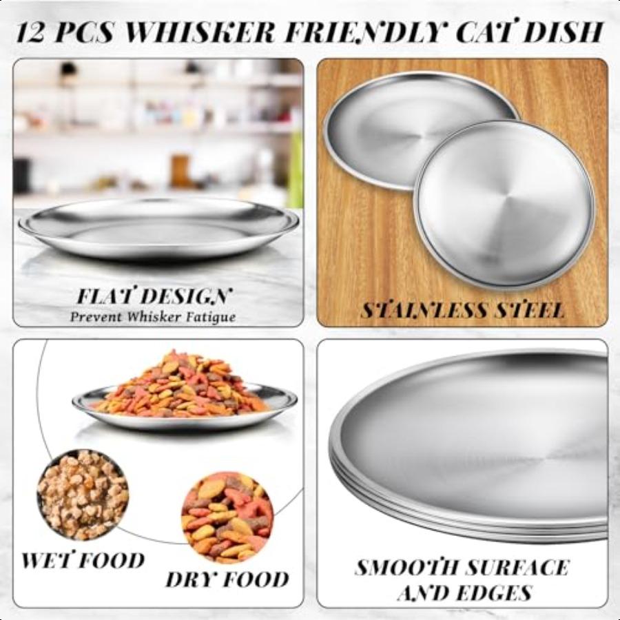 12 Pieces Stainl Steel Whisker Friendly Cat Bowl Shallow Cat Food Dish 6.7 Inch Wet Feeding Bowls Flat Pet Dish Small Pet Plate