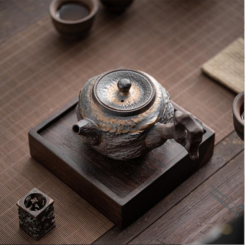 Ancient Early Burnt Lake Stone Side Handle Teapot Gilt Rust Glaze Teapot Single Pot Handmade Old Rock Clay Side Handle Teapot Coarse Pottery